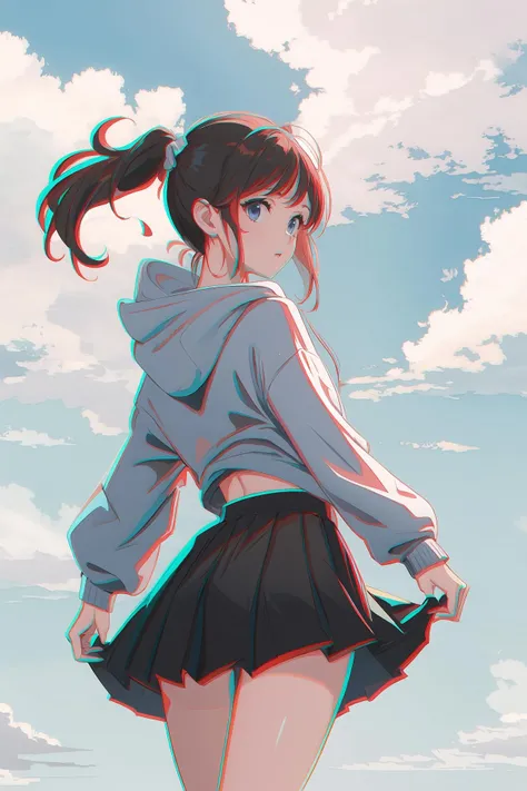 (best quality, masterpiece, highres),1girl,solo,hoodie,skirt,oversized clothes,looking back,sky,cirrus,dynamic_angle,<lora:anaglyph RG_v1s:1>,