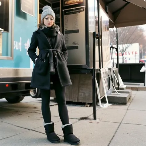 A woman waiting at food truck downtown
coat, scarf, yoga pants, black ssugz boots
detailed glossy eyes (looking directly at camera)
<lora:ssugz:0.9>