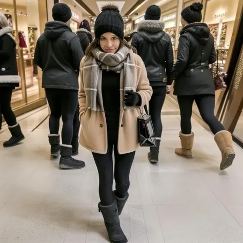 A woman walking through the shopping mall at Christmastime
coat, scarf, yoga pants, black ssugz boots
detailed glossy eyes (looking directly at camera)
 <lora:ssugz:0.9>
