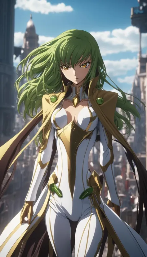 1girl, Code Geass, C.C., "CODE GEASS Lelouch of the Rebellion", solo, (green hair), outdoor, seductive smile, looking at viewer, (masterpiece, best quality, Professional, perfect composition, very aesthetic, absurdres, ultra-detailed, intricate details:1.3)