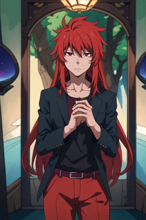 masterpiece, best quality, , 1boy, solo, male focus, looking at viewer, , depth of field, <lora:guy_crimson:0.70>, guy_crimson, red eyes, red hair, long hair, suit trousers, , The Forest of Mirrors: A place where reality is distorted and nothing is as it seems, 12k resolution