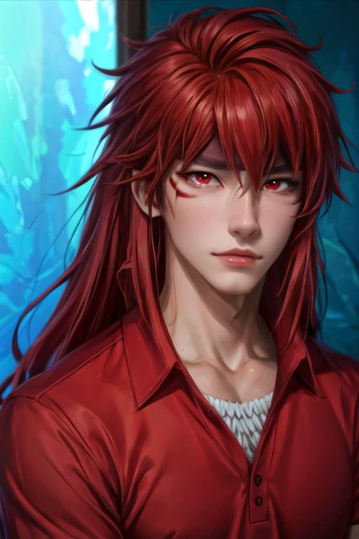 masterpiece, best quality, photorealistic, 1boy, solo, male focus, looking at viewer, upper body, depth of field, <lora:guy_crimson:0.70>, guy_crimson, red eyes, red hair, long hair, polo shirt, , ,