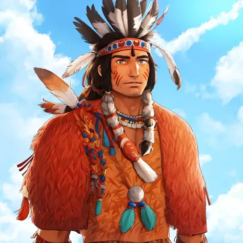 <hypernet:VelvetAnime:1> 1guy, chieftain, Native American, feathers, tribal, meeting