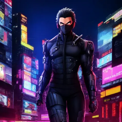 <hypernet:VelvetAnime:1> 1guy, cyberpunk ninja, black suit, night, cityscape, deadly, wandering