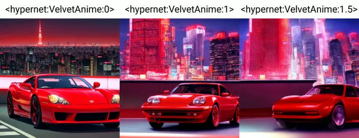 <hypernet:VelvetAnime:0> cherry red sports car, Tokyo, neon lights, skyscrapers