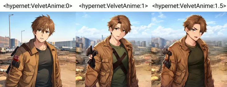 <hypernet:VelvetAnime:0> 1guy, light brown hair, hazel eyes, survivor rugged clothes, crowbar, collapsed highway, post apocalyptic