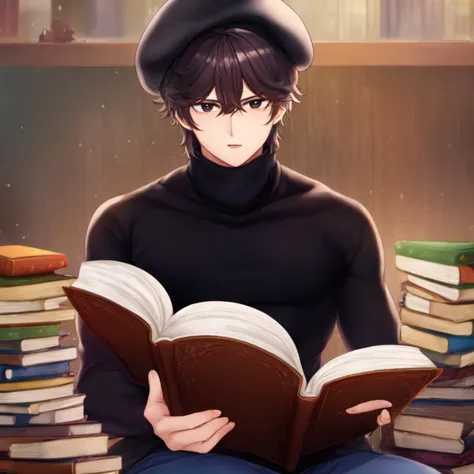 <hypernet:VelvetAnime:1> 1guy, messy hair, black eyes, beret, turtleneck sweater, reading a book, sitting, relaxed