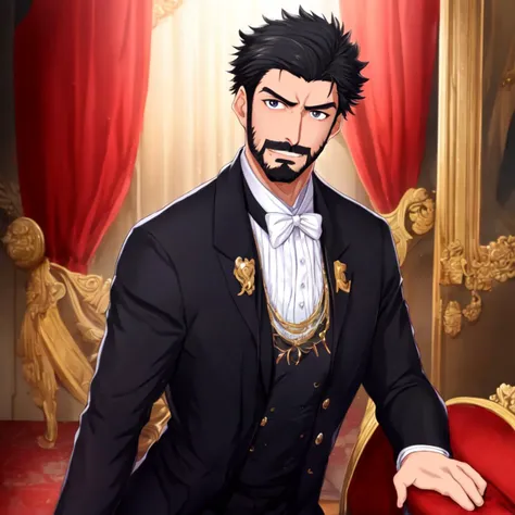 <hypernet:VelvetAnime:1> 1guy, black hair, butler outfit, facial hair, polite, stoic, looking at viewer