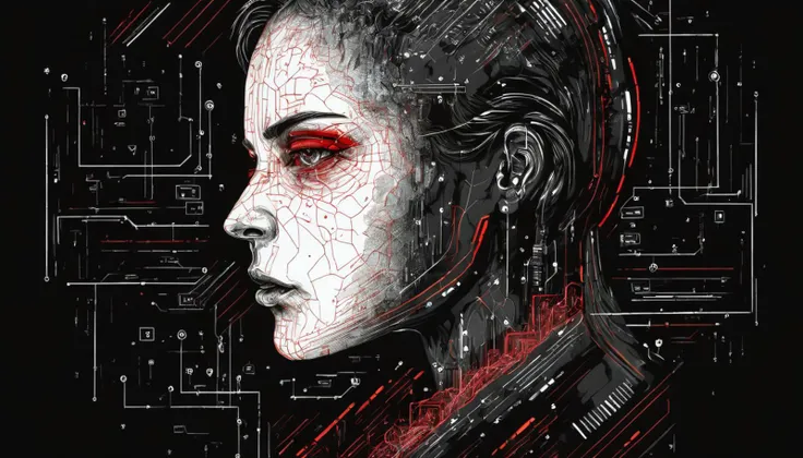 portrait, medium close-up shot, photo, photograph <lora:testcyber-000001:1> hud, graphic, elements, <lora:Psych-Red:0.8> illustration, white and red ink on black