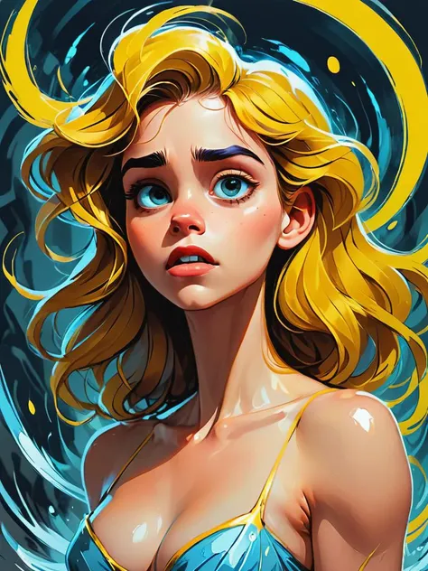 yellow text with a black outline, stunningly beauty busty young woman, (light blue background intricate:1.33), elegant, sharp focus, illustration, highly detailed, digital painting, concept art, matte, art by Bernie Wrightson and Agnes Cecile and Sally Mann and Chris Turnham, masterpiece, <lora:add-detail-xl:1> <lora:Animated_Concept:1>