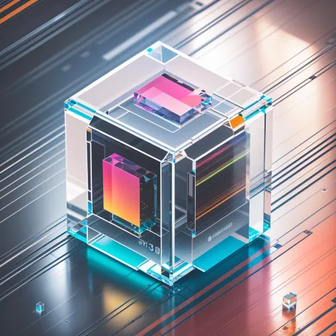 <lora:bb3l15:1> a transparent abstract cube made of crystal on top of different color lines road in the style of bb3l15