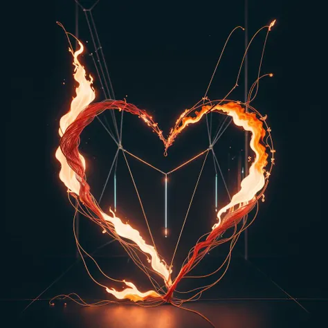 <lora:bb3l15:1> a heart shape made of fire crystal tubes, wireframe scene, tendrills behind, space, in the style of bb3l15