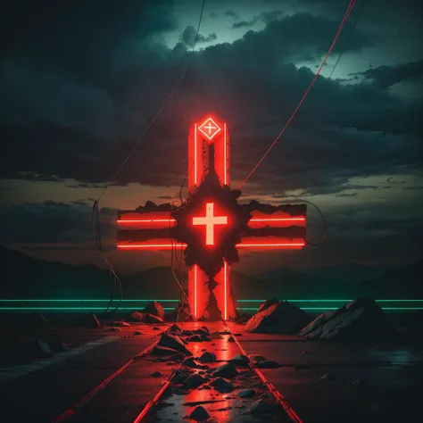 <lora:bb3l15:1> a rock structure with red neon light cross symbol with wires on the ground over a green dark sky background in the style of bb3l15