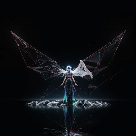 <lora:bb3l15:1>, dark background, An ethereal vision of a wireframe angel with wings of light in a dark void, A virtual reality landscape with floating, iridescent geometric shapes, in the style of bb3l15, <lora:add_detail:1>