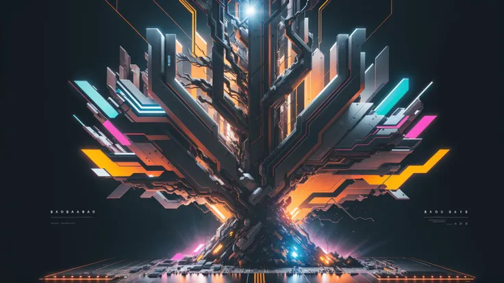 <lora:bb3l15:1> dark background, a transparent abstract baobab tree made of crystal wires on top of different color lines road in the style of bb3l15 like a motherboard with an explosion, slices and mechanisms , cinematic