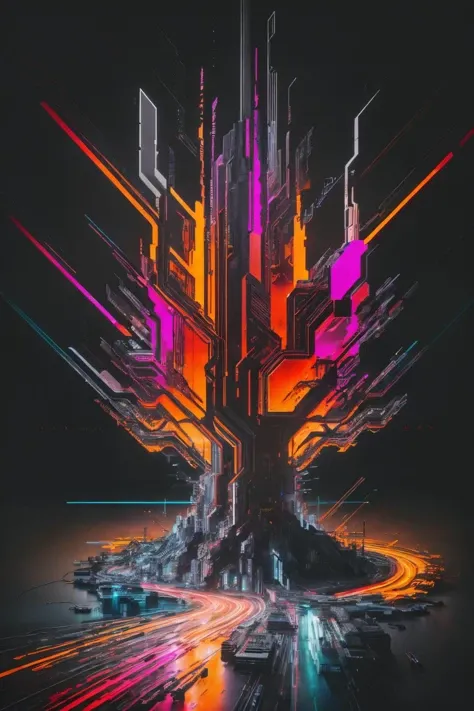 <lora:bb3l15:1>, dark background, a transparent abstract baobab tree made of crystal wires on top of different color lines road in the style of bb3l15 like a motherboard with an explosion, slices and mechanisms , cinematic