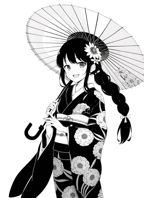 hamao <lora:hamao_offset:1>  , masterpiece, 1girl, braid, feet out of frame, floral print, flower, greyscale, hair flower, hair ornament, holding, holding umbrella, japanese clothes, kimono, long hair, monochrome, obi, oil-paper umbrella, open mouth, sash, simple background, smile, solo, umbrella