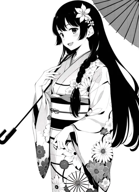 hamao <lora:hamao_offset:1>  , masterpiece, 1girl, braid, feet out of frame, floral print, flower, greyscale, hair flower, hair ornament, holding, holding umbrella, japanese clothes, kimono, long hair, monochrome, obi, oil-paper umbrella, open mouth, sash, simple background, smile, solo, umbrella