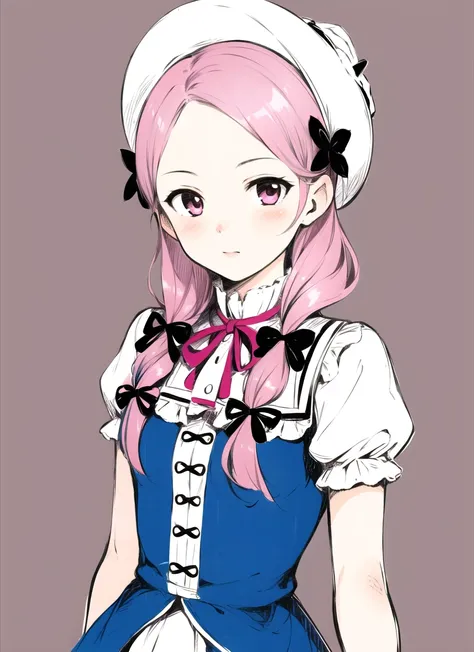 hamao <lora:hamao_offset:1>  , masterpiece, 1girl, alternate hairstyle, cosplay, hair ribbon, hat, juliet capulet (cosplay), looking at viewer, ribbon, simple background, sketch, solo, tress ribbon, upper body