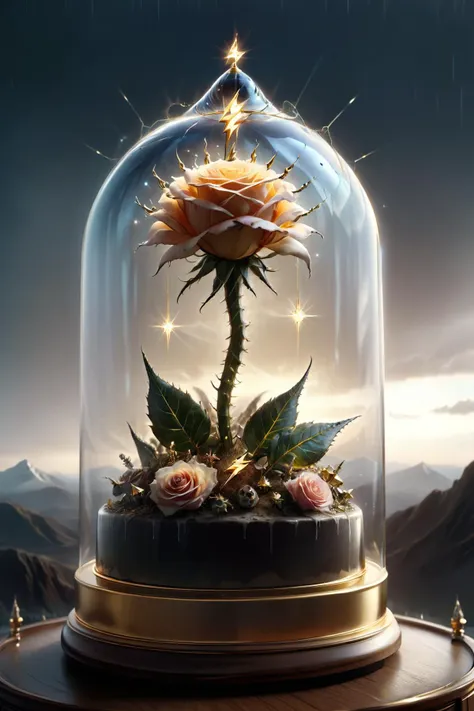 award winning transparent glass gold dvr-bzz rose,glass dome,ectoplasmic atmosphere enclosure,ethereal,volumetric lighting,cosmic horror,thorny ensemble,gloomy sunset with delicate rays over the hills,<lora:dvr-bzz:1.5>