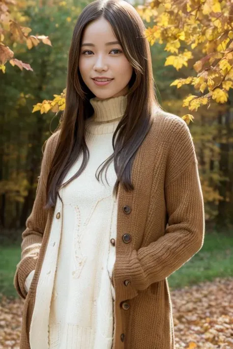 1girl,(wearing autumn clothes:1.2),(RAW photo, best quality), (realistic, photo-realistic:1.4), masterpiece, an extremely delicate and beautiful, extremely detailed, 2k wallpaper, Amazing, finely detail, extremely detailed CG unity 8k wallpaper, ultra-detailed, highres, soft light, beautiful detailed girl, extremely detailed eyes and face, beautiful detailed nose, beautiful detailed eyes,cinematic lighting,autumn scenery,(morning light),perfect anatomy,slender body,smiling   <lora:suegararie_lora:0.7>
