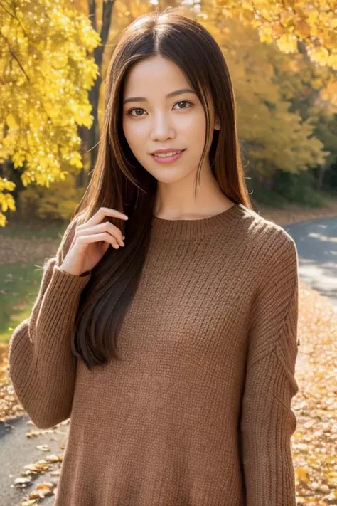 1girl,(wearing autumn clothes:1.2),(RAW photo, best quality), (realistic, photo-realistic:1.4), masterpiece, an extremely delicate and beautiful, extremely detailed, 2k wallpaper, Amazing, finely detail, extremely detailed CG unity 8k wallpaper, ultra-detailed, highres, soft light, beautiful detailed girl, extremely detailed eyes and face, beautiful detailed nose, beautiful detailed eyes,cinematic lighting,autumn scenery,(morning light),perfect anatomy,slender body,smiling <lora:suegararie_lora:0.7>