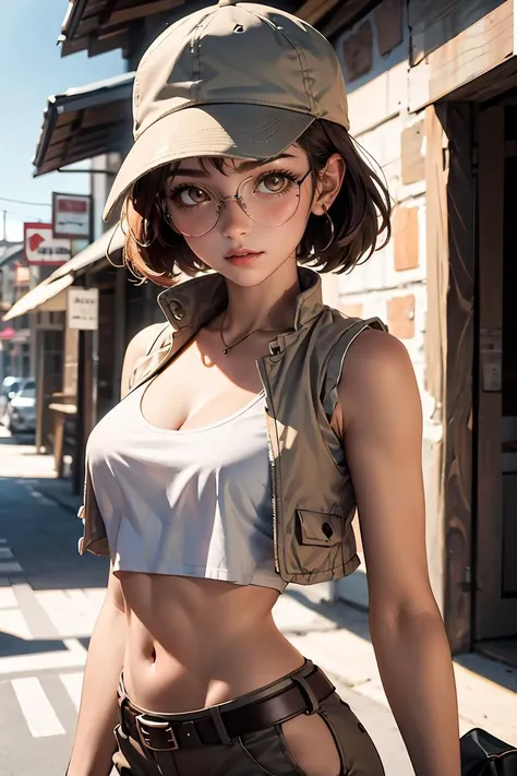 Bottom naked, naked body, Show her breast, show her nipple, medium breast, masterpiece, best_quality, 1girl, solo, fio germi, round eyewear, hat, cropped jacket, jungle, realistic skin, realistic eyes, no pants, showing vagina