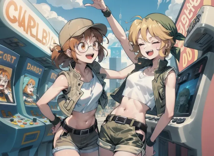 2girls, arcade cabinet, arcade, laughing
BREAK
<lora:Fiolina:1> fiodef, orange hair, hat, baseball cap, crop top, shorts, midriff, vest, belt, short shorts, tank top, brown shorts
BREAK
<lora:LoRA_Eri:1>, small breasts, eridef, blonde hair, vest, bandana, shorts, midriff, crop top, belt, short shorts, hat, knee pads