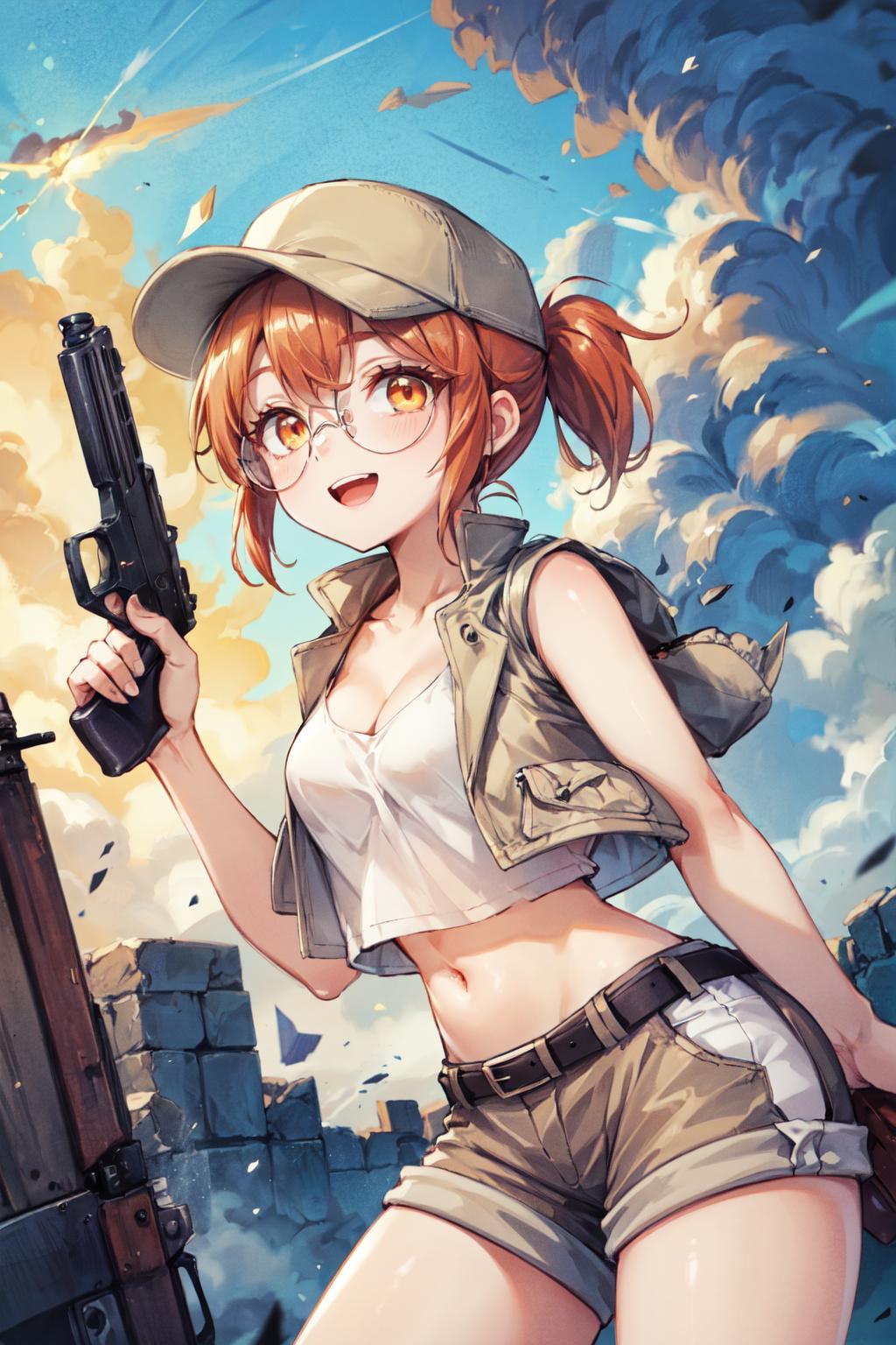 A woman in a hat holding a gun in front of a building - SeaArt AI