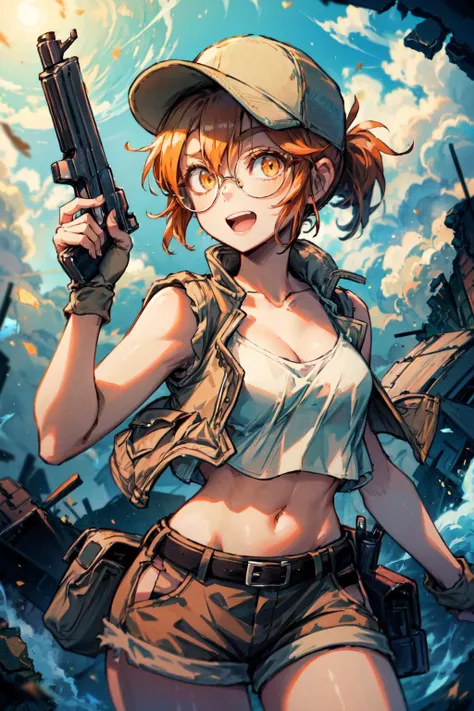 masterpiece,best quality,1girl,mature female,FioDef,orange eyes,colored eyelashes,eyelashes,orange hair,short ponytail,glasses,hat,baseball cap,crop top,shorts,midriff,vest,navel,belt,short shorts,tank top,cleavage,brown shorts,smile,open mouth,one eye closed,wink,star \(symbol\),holding gun,handgun,looking at viewer,ruins,wasteland,day,wind,((dust cloud,fog,smoke,light particles)),<lora:Concept-control tool-add_detail-CyberAIchemist:0.2>,<lora:Fiolina:0.9>,<lora:BetterGuns-V1:0.8>,