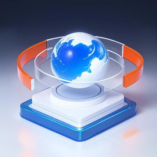 best quality, many details, 4k, blender, octane render, C4D, transparent glass texture, blue, frosted glass, transparent technology sense, industrial design, whitebackground, studio lighting, sunshine, minimal, quasi-object,
earth (planet), SATELLITE AROUND, platform, blue and orange,