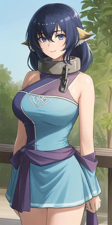 <lora:karulawatureiV2:0.7> karulawaturei, huge_breasts, standing, solo, metal_collar_chain, sundress, masterpiece, best quality, detailed face, detailed eyes, highres,