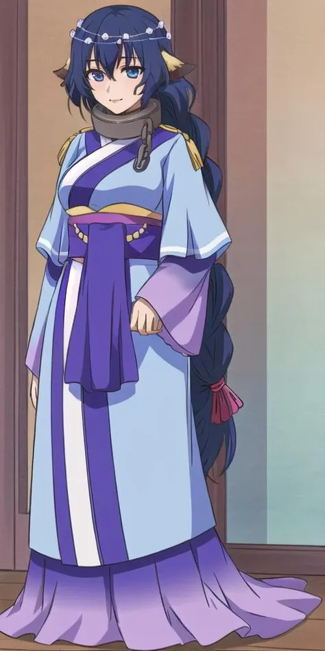 <lora:karulawatureiV2:0.7> karulawaturei, huge_breasts, standing, solo, metal_collar_chain, Blue_kimono_Purple_obi_Wide_sleeves, masterpiece, best quality, detailed face, detailed eyes, highres,