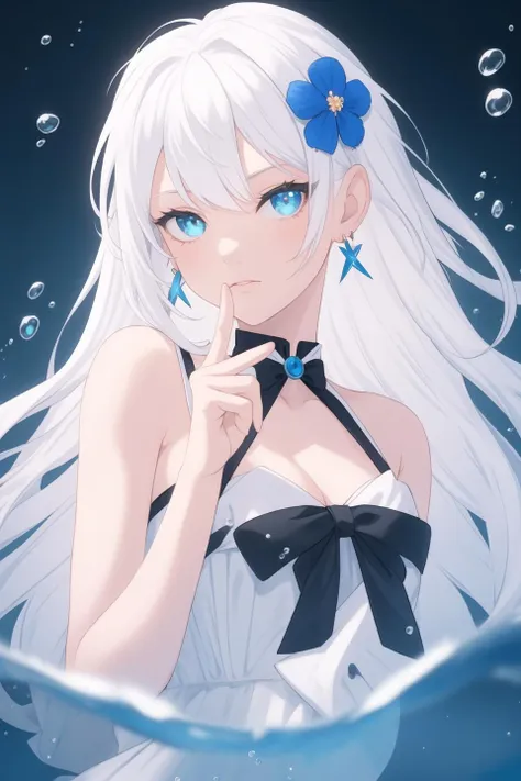 1girl, white hair, blue eye, black bow, bow, bubble, depth of field, earrings, flower, hair flower, hair ornament, index finger raised, jewelry, long hair, looking at viewer, solo, water drop