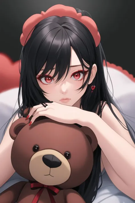 1girl, black hair, red eyes, heart, long hair, makeup, red nails, solo, stuffed animal, stuffed toy, teddy bear, close-up