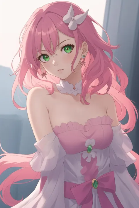 1girl, bare shoulders, pink hair, green eye, earrings, hair ornament, holding, jewelry, long hair, pink bow, solo, wavy hair