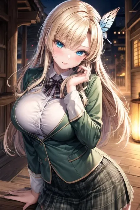 unparalleled masterpiece, 8k, (high quality:1.2) perfect artwork, outdoor, cowboy shot, 1girl, <lora:SenaKashiwazakiLORA:0.9>, Sena Kashiwazaki, long hair, butterfly hair ornament, st. chronica academy school uniform, green jacket, plaid skirt, large breasts, clean, beautiful face, pure face, pale skin, (colored inner hair:1.103), (detail hair:1.08), (Long eyelashes:1.1), (finely detailed beautiful eyes and face), (hyper extreme detailed:1.05), stunning lighting effects, <lora:add_detail:1>,