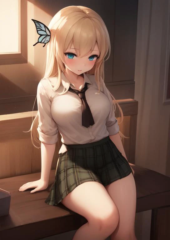 (masterpiece, best quality:1.2), extremely detailed, soft ambient lighting, sharp focus, 4K, BREAK <lora:SenaKashiwazakiLORA:1>, 1girl, solo, sena kashiwazaki, long hair, butterfly hair ornament, st. chronica academy school uniform, green jacket, plaid skirt