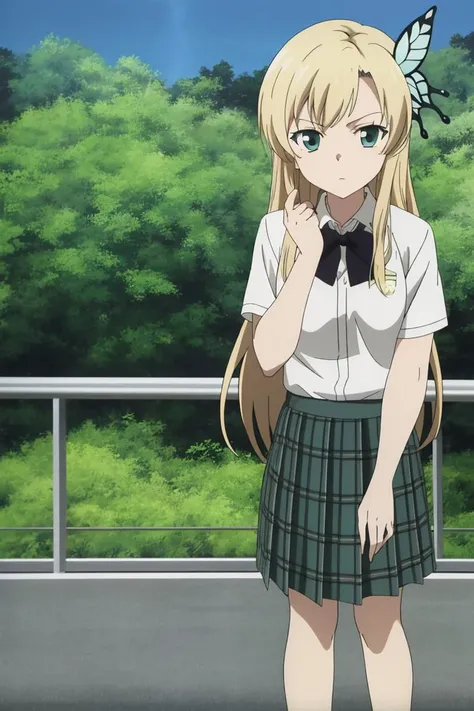 <lora:SenaKashiwazakiLORA:0.8> Sena Kashiwazaki, long hair, butterfly hair ornament, st. chronica academy school uniform, dress shirt, plaid skirt, 8k, masterpiece, absurdres, anime,