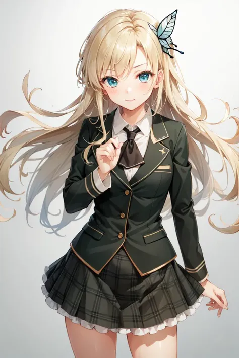 masterpiece, best quality, absurdres, perfect anatomy, 1girl, solo, Sena Kashiwazaki, long hair, butterfly hair ornament, st. chronica academy school uniform, green jacket, plaid skirt, standing, smile