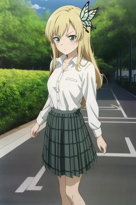 <lora:SenaKashiwazakiLORA:0.8> Sena Kashiwazaki, long hair, butterfly hair ornament, st. chronica academy school uniform, dress shirt, plaid skirt, 8k, masterpiece, absurdres, anime,