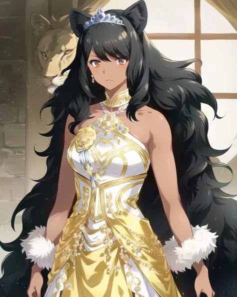 ((best quality)), ((highly detailed)), masterpiece, extremely detailed face, beautiful face, (detailed eyes, deep eyes), (1girl), cowboy shot, (lion girl), lion ears, lion mane, royalty, (black hair), ((dark skin)), amber eyes, medium breasts, athletic, royal blue fur-trimmed dress, tiara, (inside, at a dungeon), <lora:joyride:.99>