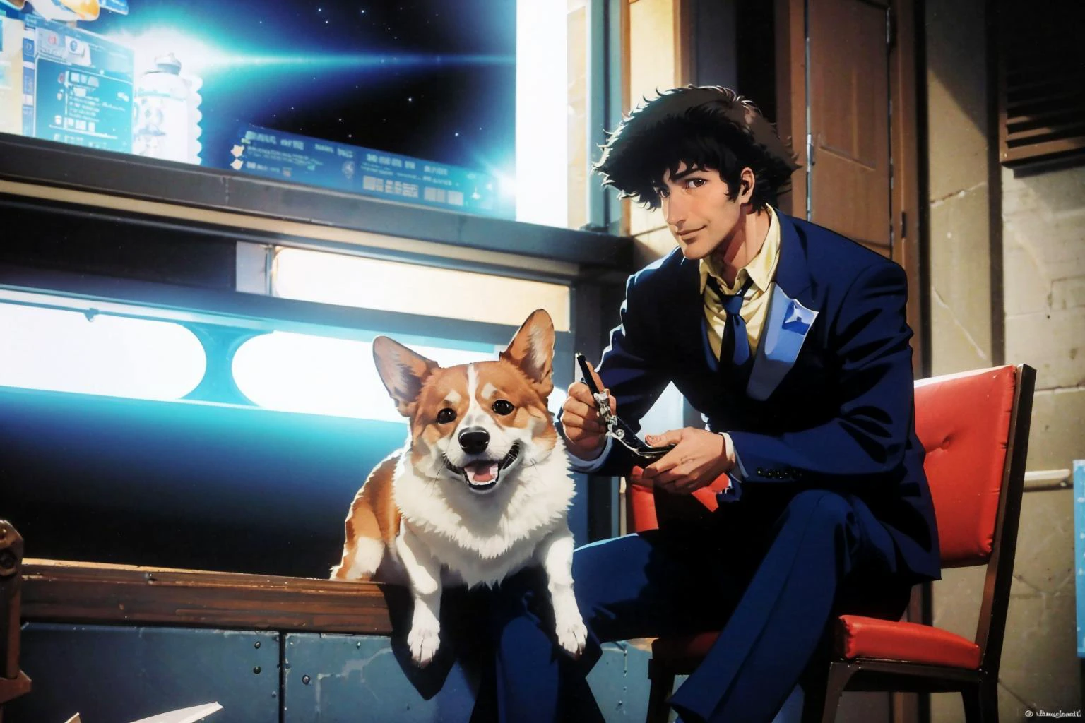 masterpiece, best quality, spikespiegel, formal, suit, jacket, necktie, pants, cowboy shot, smile, outer space, space station, indoors, sitting, brown pembroke welsh corgi <lora:cowboybebop_spike-10:1> <lora:corgi_v1:0.5> corgi