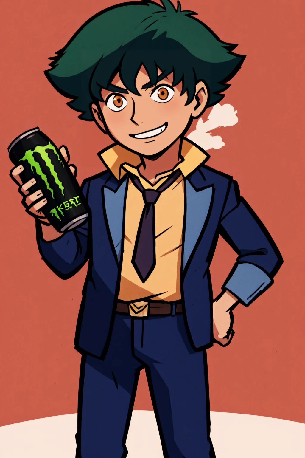 masterpiece, best quality, cowboy shot, <lora:GoodHands-beta2:1> <lora:cowboybebop_spike-10:0.85> spikespiegel, formal, suit, jacket, necktie, pants, HoldingMonsterEnergy, grin, <lora:HoldingMonsterEnergy:0.8>