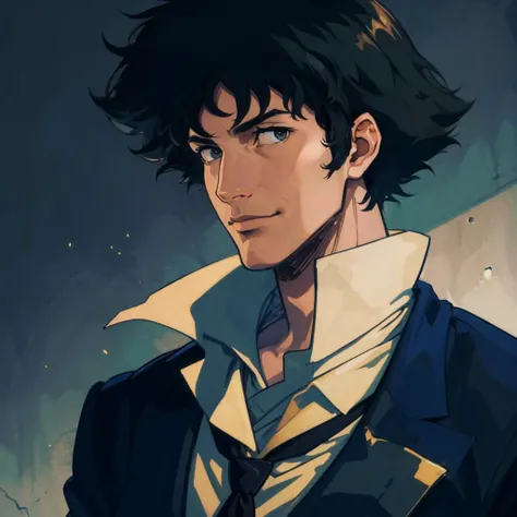 masterpiece, best quality, spikespiegel, formal, suit, jacket, necktie, upper body, portrait, furrowed brow, desaturated, slight smile, city, chiaroscuro <lora:cowboybebop_spike-10:1>
