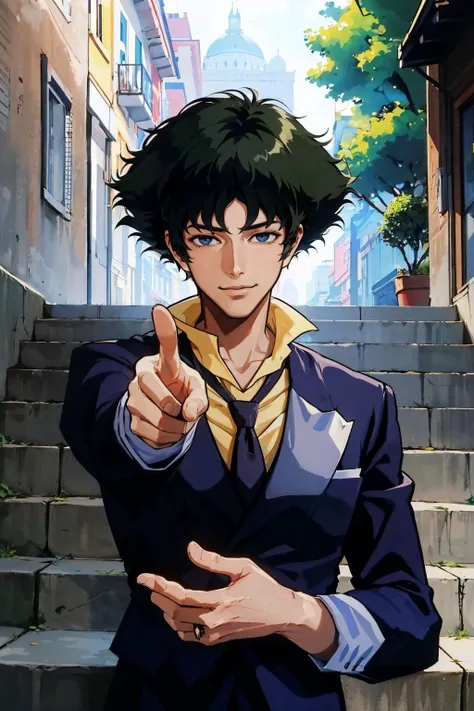 <lora:cowboybebop_spike-10:1> spikespiegel, formal, suit, jacket, necktie, pants
masterpiece, best quality, absurdres, stairs, looking at viewer, smile, pointing at viewer, standing, upper body, left eye closed