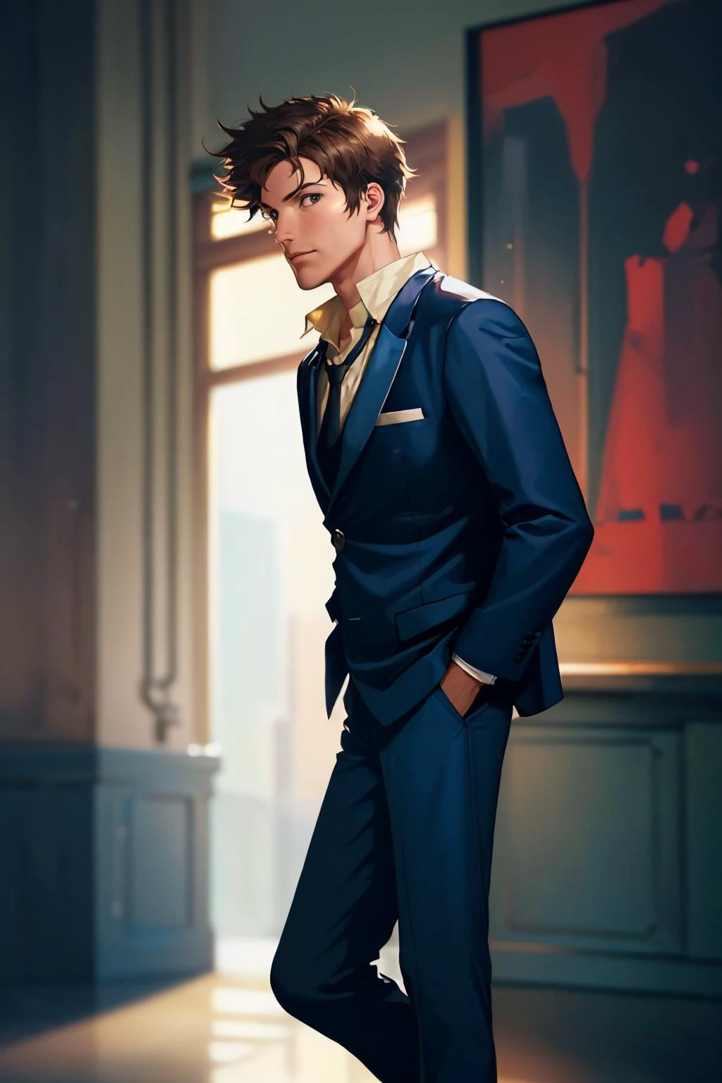 (masterpiece, best quality:1.2), solo, male focus, 1boy, Carson, brown hair, looking at viewer, hands in pockets, wearing, formal, suit, jacket, necktie, pants <lora:cowboybebop_spike:1.0> <lora:CarsonV2:1>