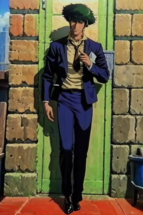 masterpiece, best quality, 1boy, standing, cowboy shot, <lora:cowboybebop_spike-10:1> spikespiegel, formal, suit, jacket, necktie, pants, <lora:Feovatest2:0.8> science fiction