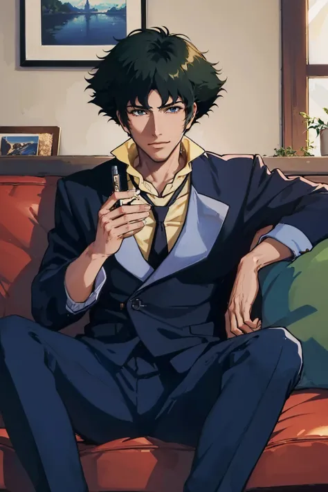 (masterpiece, best quality:1.2), solo, male focus, 1boy, spikespiegel, looking at viewer, sitting, couch, formal, suit, jacket, necktie, pants <lora:cowboybebop_spike-10:1.0>