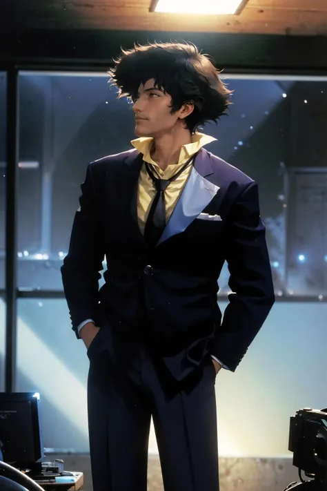 (masterpiece, best quality:1.2), cowboy shot, solo, male focus, 1boy, spikespiegel, looking away, hand in pocket, formal, suit, jacket, necktie, pants, science fiction, night, caustics, dramatic lighting <lora:cowboybebop_spike-10:1.0>